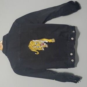 Haus of Jr jacket Girl's size 12 black Jeffery Space Patch denim trucker…